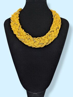 Woven Yellow Bead & Rhinestone Necklace